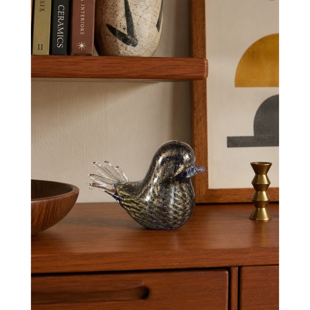 Hand Blown Art Glass Bird Figurine Gold Aventurine Bullicante Charcoal MCM 6"
